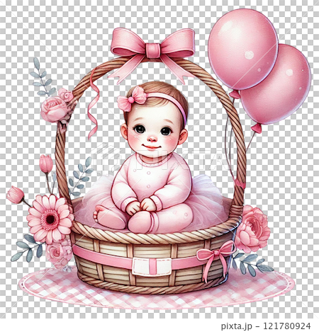 Charming baby in a basket, surrounded by flowers and balloons. Baby shower clipart cartoon Charming baby in a basket, surrounded by flowers and balloons. Baby shower clipart cartoon 121780924