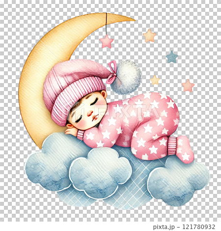 Cute baby sleeping peacefully on a cloud under the moon. Baby shower clipart cartoon 121780932