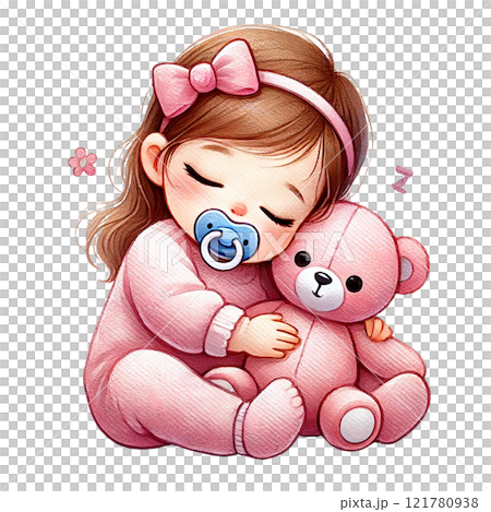 Cute toddler peacefully sleeping with a teddy bear and pacifier. Baby shower clipart cartoon Cute toddler peacefully sleeping with a teddy bear and pacifier. Baby shower clipart cartoon 121780938