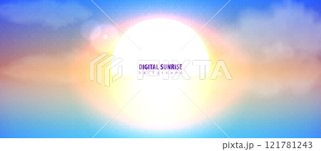 Sunrise tech modern background. Bright sun cloud landscape. Morning sky color geometrical pattern retro light effect. Sunlight abstract horizontal header banner. Sun center circle abstract background Sunrise tech modern background. Bright sun cloud landscape. Morning sky color geometrical pattern retro light effect. Sunlight abstract horizontal header banner. Sun center circle abstract background 121781243