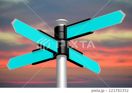 Signpost with blue arrows, sunset sky in background - 3D illustration 121781352