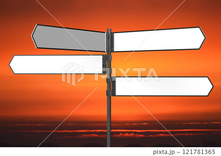 Signpost with white arrows, sunset sky in background - 3D illustration 121781365