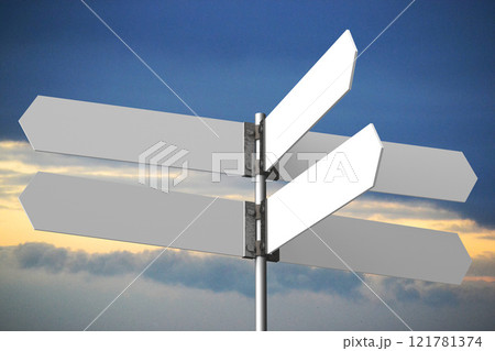 Signpost with white arrows, sky with clouds in background - 3D illustration 121781374
