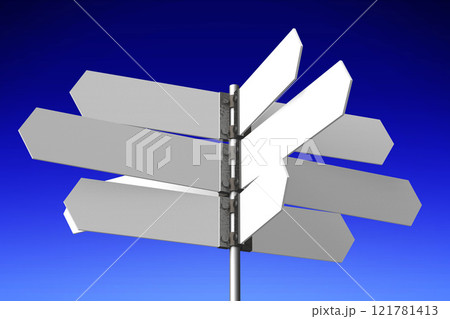 Signpost with white arrows, abstract blue sky - 3D illustration Signpost with white arrows, abstract blue sky - 3D illustration 121781413