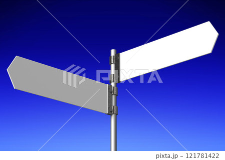 Signpost with white arrows, abstract blue sky - 3D illustration 121781422