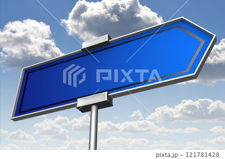 Signpost with blue arrow, sky in background - 3D illustration 121781428