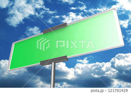 Green road sign, sky in background - 3D illustration 121781429