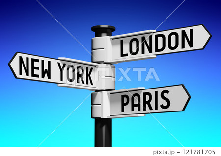 3D illustration/ 3D rendering - signpost with three arrows - capital cities 121781705