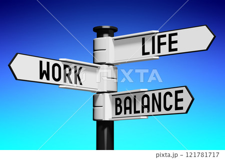 3D illustration/ 3D rendering - signpost with three arrows - work balance concept 121781717