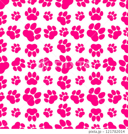 Pink paw print seamless repeating background pattern. Cat or dog footprints. Vector illustration.  121782014
