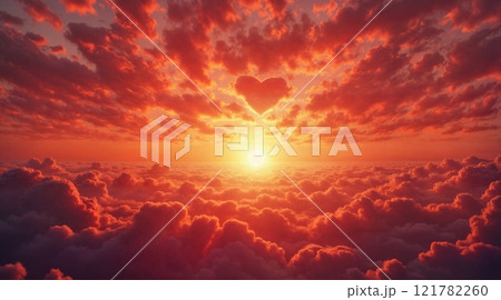 A Dreamy Sunset with Heart-Shaped Clouds Above 121782260