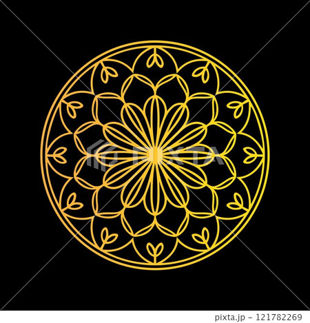 Ornate Gold Mandala Design on Black Background. This elegant, symmetrical mandala design features intricate, gold-outlined floral patterns arranged in a circular motif. 121782269