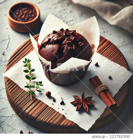 Chocolate muffin on a wooden stand covered with white paper 121782500