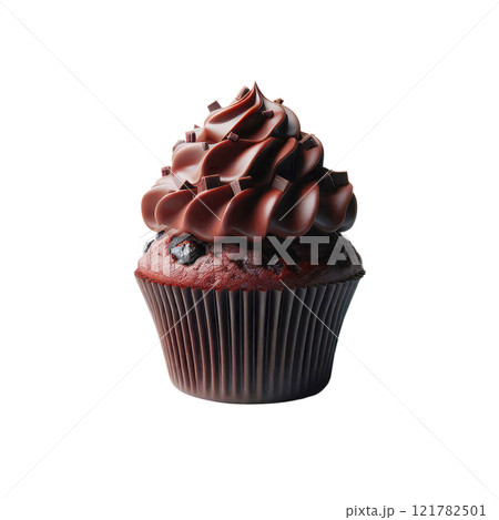 Chocolate muffin with chocolate cream isolated on white background 121782501