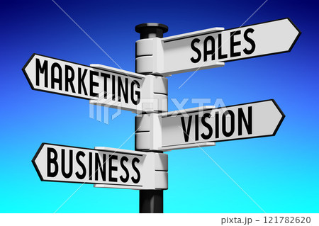 Sales, marketing, vision, business - signpost - 3D illustration 121782620