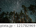 Capturing star trails above tall pine trees in a serene nighttime forest setting 121782969