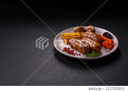 Chicken or pork sausages with salt, spices and herbs Chicken or pork sausages with salt, spices and herbs 121783022