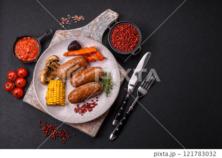 Chicken or pork sausages with salt, spices and herbs Chicken or pork sausages with salt, spices and herbs 121783032