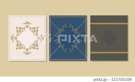 Book cover template with golden pattern simple vector lines seamless texture on white, blue and brown background. 121783109