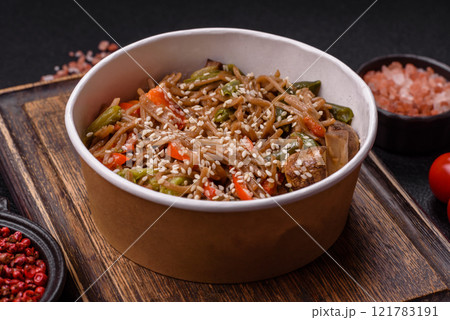 Buckwheat noodles with vegetables, salt and spices 121783191