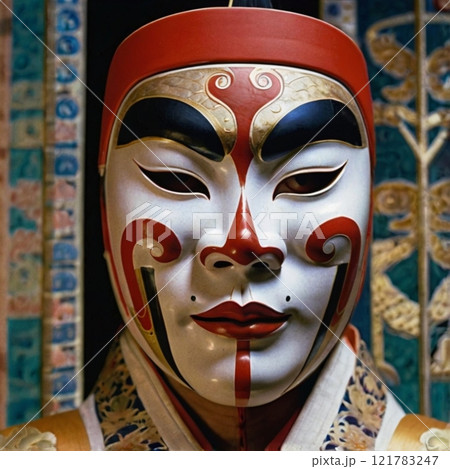 Traditional white mask with bold red and black details on bamboo background.  121783247