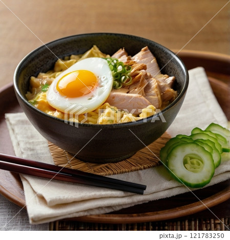 Bowl of Japanese dish with egg and chicken on table.  121783250