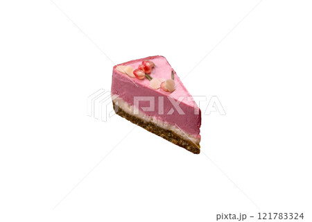Piece of sweet cheesecake with pink cream cheese of raspberry or strawberry flavor 121783324