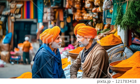 Indian men wearing turbans, engaged in animated conversation and discussion Indian men wearing turbans, engaged in animated conversation and discussion 121783418