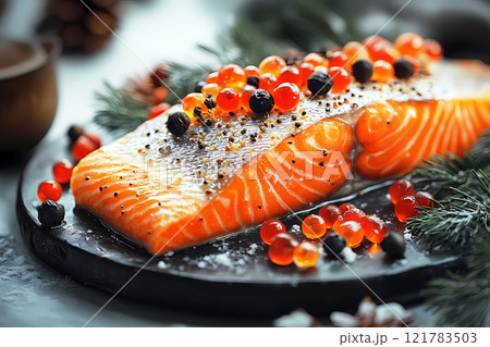 Christmas composition with baked fish fillet. Traditional food concept 121783503