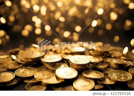暗闇に降ってくるたくさんの輝く金貨 121783516