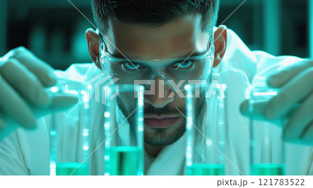 Focused scientist conducts experiment with test tubes in laboratory 121783522