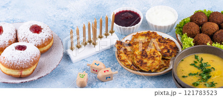 Traditional Jewish holiday Hanukkah food. Traditional Jewish holiday Hanukkah food. 121783523