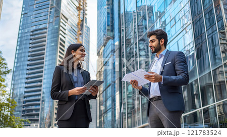 Indian Business professionals discussing work outside modern office skyscrapers Indian Business professionals discussing work outside modern office skyscrapers 121783524