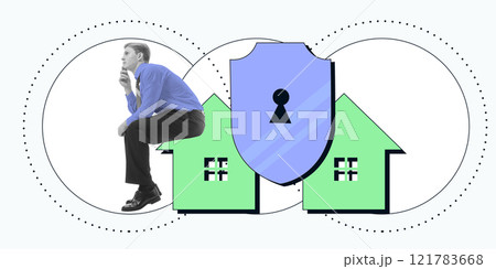 man sitting thoughtfully on a green house icon with a shield, symbolizing the importance of home insurance. Conceptual design. man sitting thoughtfully on a green house icon with a shield, symbolizing the importance of home insurance. Conceptual design. 121783668