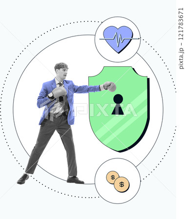 Man in boxing gloves next to shield and heart icons, symbolizing protection through health and financial insurance. Conceptual design. Man in boxing gloves next to shield and heart icons, symbolizing protection through health and financial insurance. Conceptual design. 121783671