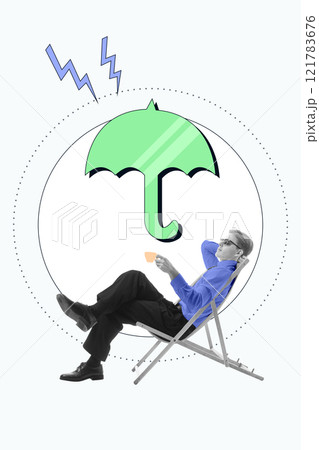 Man in deck chair under green umbrella with lightning symbols, representing peace of mind provided by insurance. Conceptual design. Man in deck chair under green umbrella with lightning symbols, representing peace of mind provided by insurance. Conceptual design. 121783676