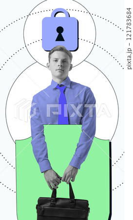 Businessman in blue shirt holding green shield and briefcase, symbolizing business insurance and financial protection. Conceptual design. 121783684