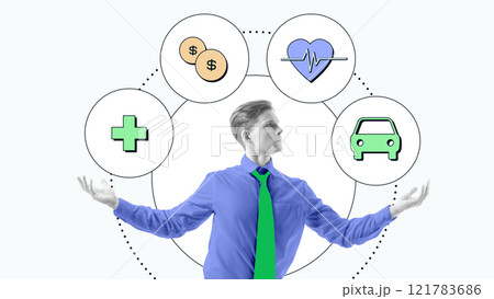 Man in blue shirt and green tie presenting icons of health, car, and financial security, symbolizing diverse insurance services. Conceptual design. 121783686