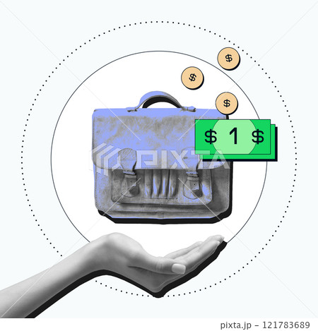 Hand holding briefcase with dollar signs and green bills, symbolizing financial security and savings through insurance. Conceptual design. Hand holding briefcase with dollar signs and green bills, symbolizing financial security and savings through insurance. Conceptual design. 121783689