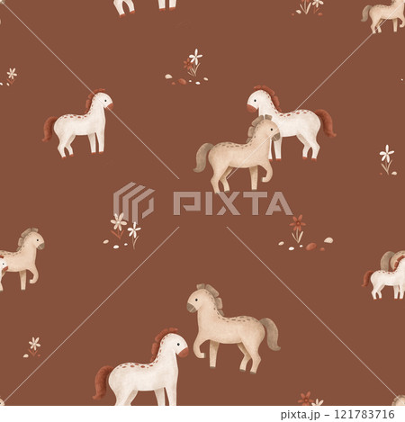 Seamless pattern with cute horse and flowers and stones in minimalist scandinavian style. Cartoon animals for children's design . Hand drawn illustration of beige and grey horse with maroon mane. 121783716