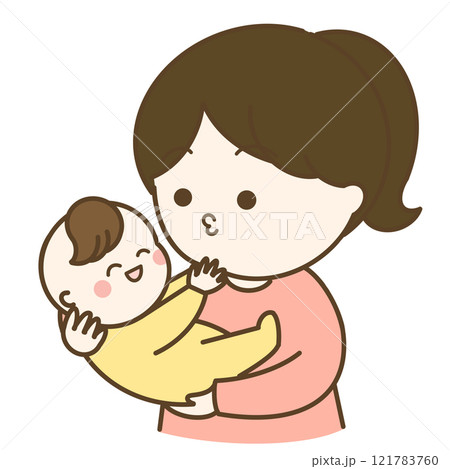 あやすポニーテールのお母さんと笑う赤ちゃんのイラスト 121783760