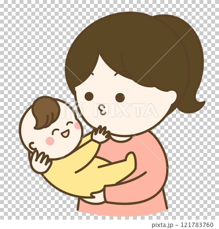 あやすポニーテールのお母さんと笑う赤ちゃんのイラスト 121783760