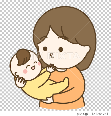 一位留著鮑伯發的母親和一個大笑的嬰兒的插圖 121783761