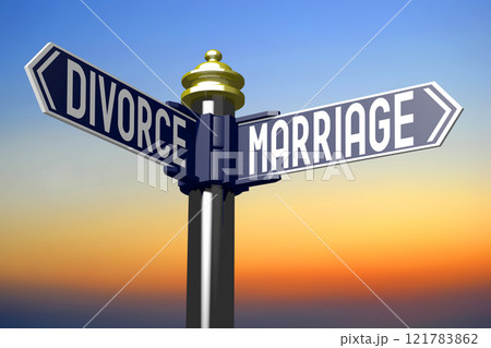 Marriage and devorce - signpost with two arrows - 3D illustration 121783862