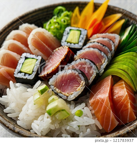 Fresh sushi bowl with vibrant ingredients on display.  121783937