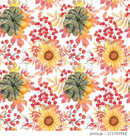 Pumpkin with maple leaves, rowan berries and sunflower. Botanical watercolor illustration. Seamless autumn pattern. Hand drawn isolated background. For seasonal holidays Thanksgiving, Halloween. 121783948