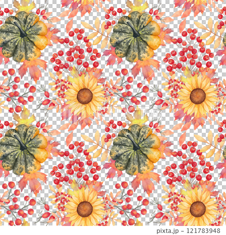 Pumpkin with maple leaves, rowan berries and sunflower. Botanical watercolor illustration. Seamless autumn pattern. Hand drawn isolated background. For seasonal holidays Thanksgiving, Halloween. 121783948