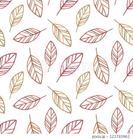 Seamless pattern of leaves in autumn colors. Botanical watercolor illustration. Hand drawn isolated art. For fall-themed backgrounds, textiles or seasonal projects. Thanksgiving. 121783961