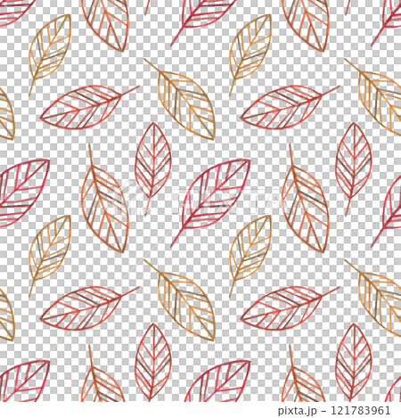 Seamless pattern of leaves in autumn colors. Botanical watercolor illustration. Hand drawn isolated art. For fall-themed backgrounds, textiles or seasonal projects. Thanksgiving. 121783961