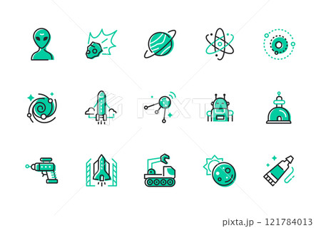 Space and planetary exploration - set of line design style icons 121784013